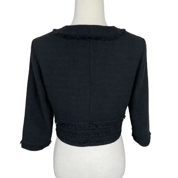 Karl Lagerfeld Paris Tweed Cropped Blazer Jacket Fringe Black Size Small Chic - Picture 5 of 15